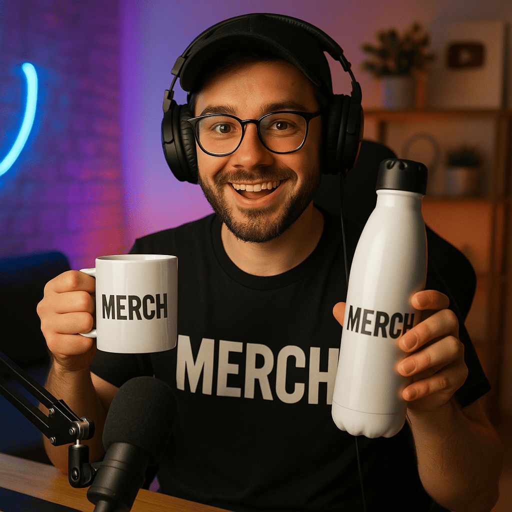 Streamer montrant son merch à sa communauté